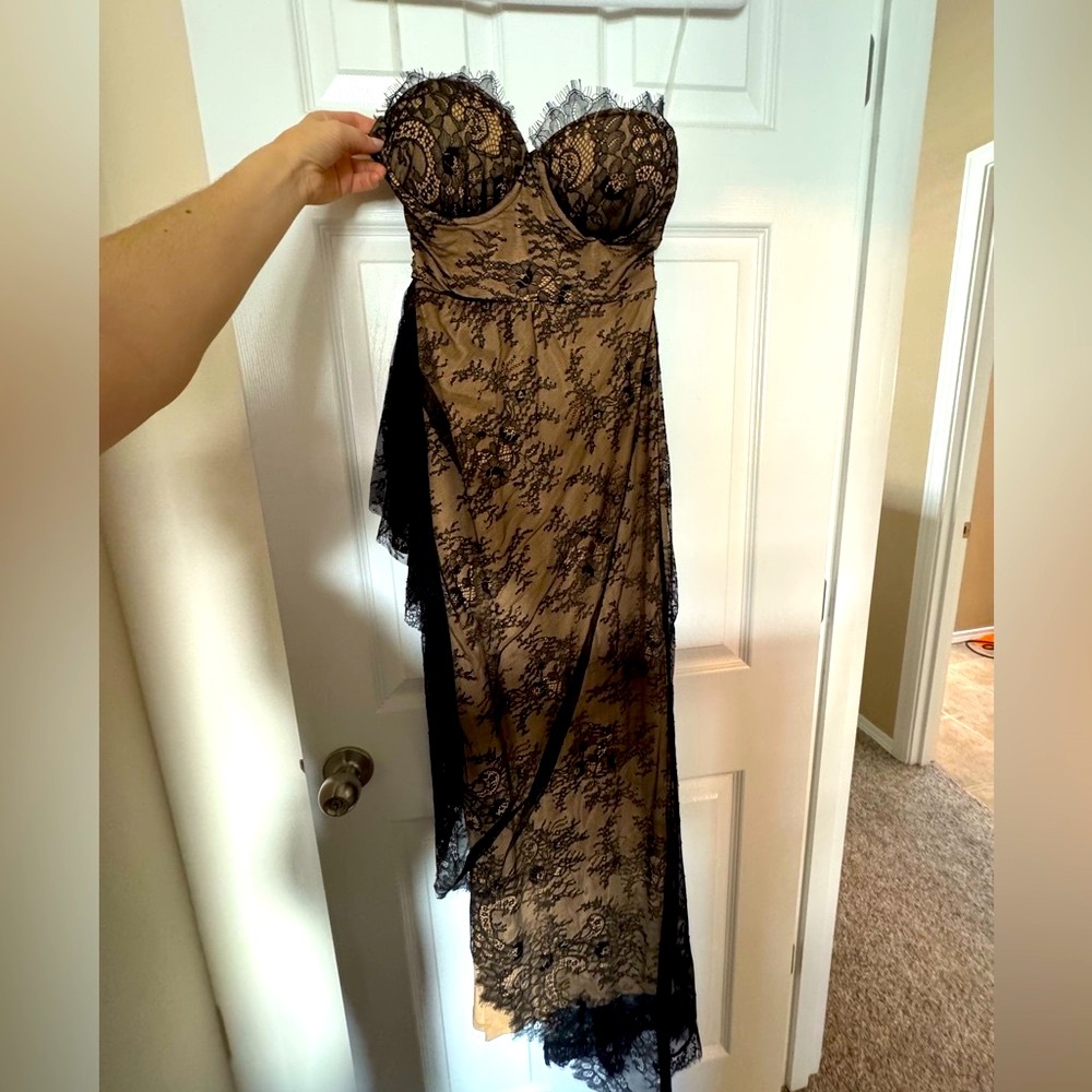 Beautiful strapless cream/tan colored dress with black lace over the top.